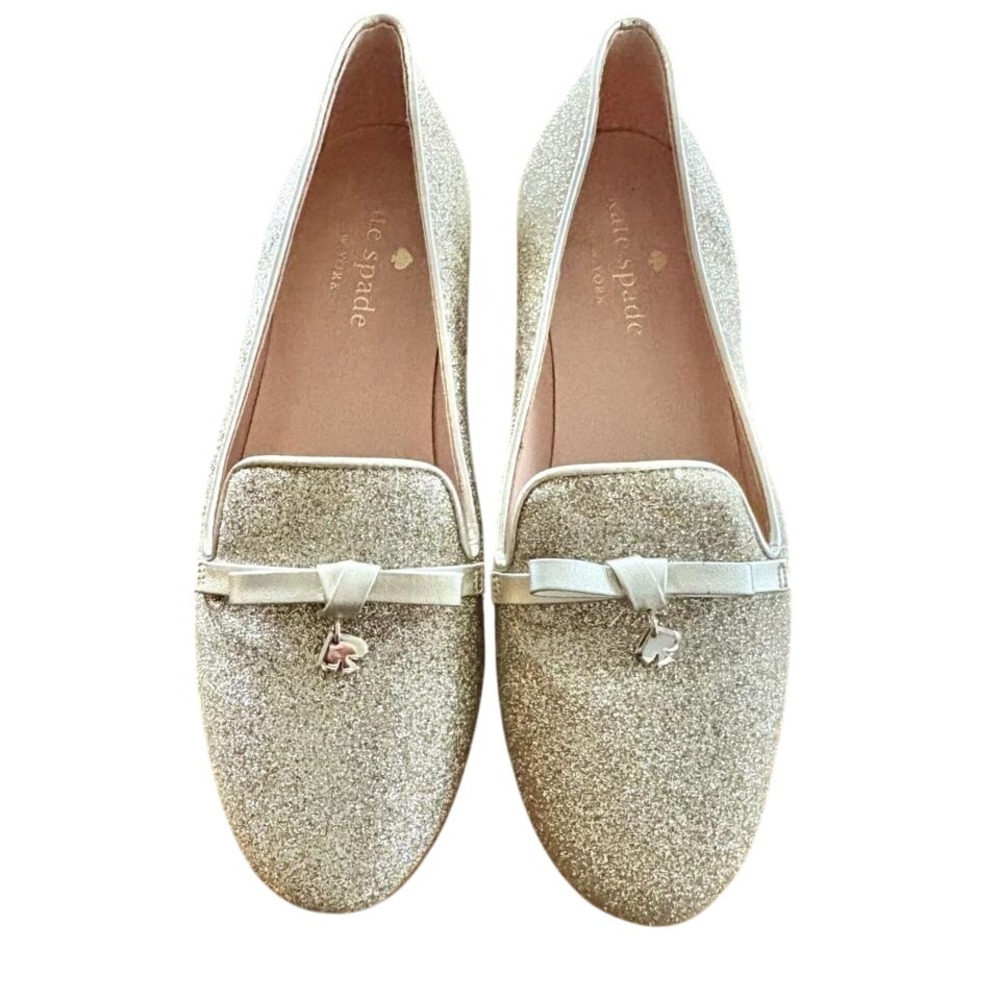 KATE SPADE Georgia Gold Glitter Loafers w/Bow‎ Slip On Flats Shoes SIZE 6 EUC